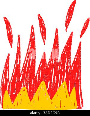 Grafica fiamma disegnata a mano con audace silhouette tagliafuoco. Simbolo rosso e giallo caldo per i loghi della griglia. Illustrazione vettoriale piatta isolata su sfondo bianco. Illustrazione Vettoriale
