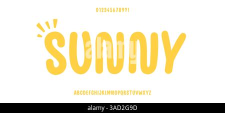 Allegro carattere Sunny con lettere arrotondate in grassetto in giallo brillante, alfabeto carino per progetti estivi, temi per bambini, biglietti d'auguri e Happy Branding Illustrazione Vettoriale