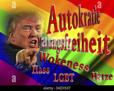 Immagine simbolica, governo con ordine esecutivo, democrazia contro autocrazia, democrazia americana in pericolo, critica alla libertà di parola, LGBT, wokeness, UE Foto Stock