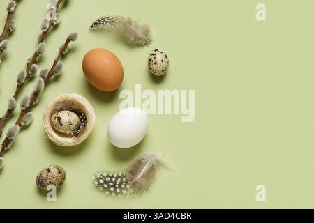 Uova di Pasqua con piume e rami di salice su sfondo verde Foto Stock