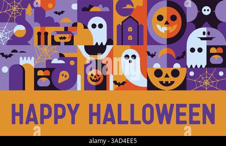 Striscione di Halloween con un moderno motivo geometrico astratto Bauhaus. Banner orizzontale per le festività di Halloween. Ideale per feste, moderne, e. Illustrazione Vettoriale