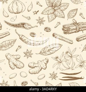 Struttura senza cuciture con spezie e piante aromatiche. Illustrazione vettoriale dettagliata disegnata a mano in stile inchiostro di schizzo. Illustrazione Vettoriale