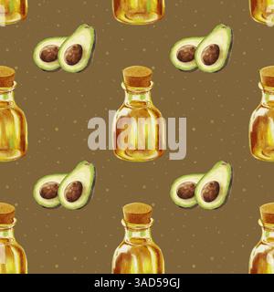 Motivo avocado acquerello. Motivo senza cuciture con avocado e bottiglia di olio su sfondo di blot di acquerello. Bottiglia di olio e metà di avocado Foto Stock