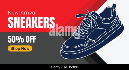 Banner creativo per il marchio di sneaker. Sneakers in background astratto. Banner di vendita scarpe per post sui social media. Scarpa in vendita per l'e-commerce Illustrazione Vettoriale