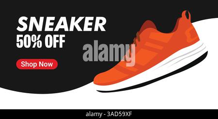 Banner creativo per il marchio di sneaker. Sneakers in background astratto. Banner di vendita scarpe per post sui social media. Scarpa in vendita per l'e-commerce Illustrazione Vettoriale