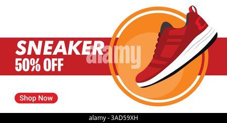 Banner creativo per il marchio di sneaker. Sneakers in background astratto. Banner di vendita scarpe per post sui social media. Scarpa in vendita per l'e-commerce Illustrazione Vettoriale