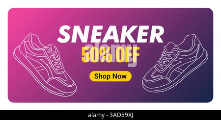 Banner creativo per il marchio di sneaker. Sneakers in background astratto. Banner di vendita scarpe per post sui social media. Scarpa in vendita per l'e-commerce Illustrazione Vettoriale