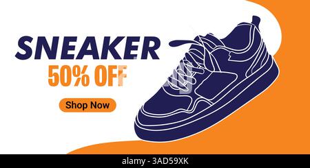 Banner creativo per il marchio di sneaker. Sneakers in background astratto. Banner di vendita scarpe per post sui social media. Scarpa in vendita per l'e-commerce Illustrazione Vettoriale