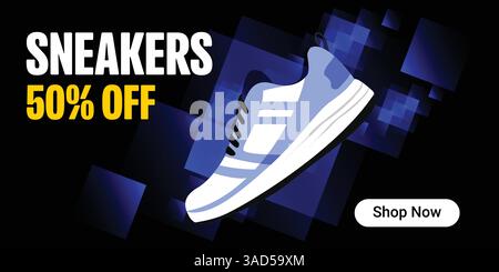Banner creativo per il marchio di sneaker. Sneakers in background astratto. Banner di vendita scarpe per post sui social media. Scarpa in vendita per l'e-commerce Illustrazione Vettoriale