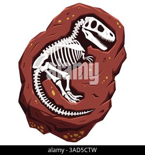 Illustrazione cartoon di un fossile di Tyrannosaurus rex, con uno scheletro di dinosauro giocoso e dettagliato. Design vettoriale isolato su sfondo bianco. Illustrazione Vettoriale