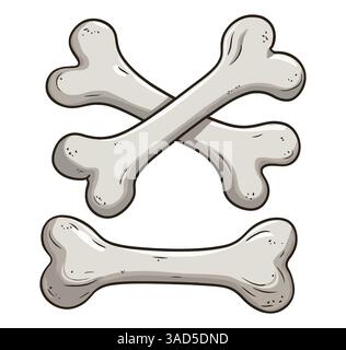 Set di elementi scheletrici ossei umani. Include le ossa incrociate per Jolly Roger e la bandiera dei pirati. Illustrazione piatta cartoni animati, ideale anche come modello di giocattolo per cani Illustrazione Vettoriale