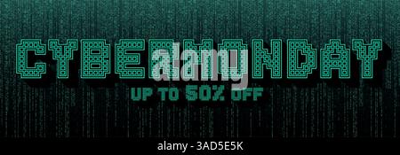 Banner Cyber Monday con font Digital Pixel, sfondo codice binario e futuristico stile bagliore. Perfetto per vendite online, offerte tecniche ed e-commerce Illustrazione Vettoriale