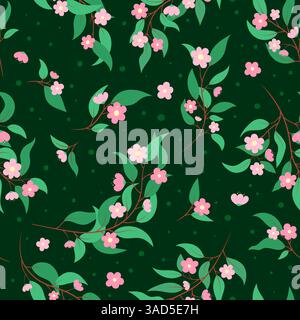 Motivo floreale senza cuciture. Sfondo verde vettoriale con graziosi fiori rosa. Illustrazione ripetuta di elementi botanici floreali e foglie. Elegante Illustrazione Vettoriale