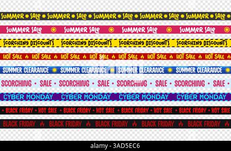 Collezione di nastri a saldi stagionali con testo promozionale audace e sfondi colorati. Perfetto per gli sconti estivi, il Black Friday, il Cyber Monday, gli eventi di liquidazione e. Illustrazione Vettoriale