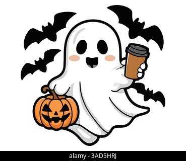 Il fantasma Kawaii beve caffè. Carino personaggio spettrale dei cartoni animati perfetto per i disegni di Halloween felici. Illustrazione vettoriale ideale per progetti festivi e divertenti Illustrazione Vettoriale