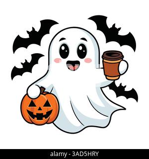 Kawaii ghost beve una tazza di caffè. Buon Halloween. Carino personaggio spettrale dei cartoni animati. Illustrazione vettoriale Illustrazione Vettoriale