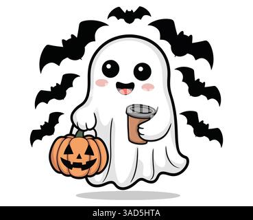Il fantasma Kawaii beve caffè. Carino personaggio spettrale dei cartoni animati perfetto per i disegni di Halloween felici. Illustrazione vettoriale ideale per progetti festivi e divertenti Illustrazione Vettoriale