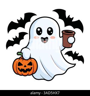 Kawaii ghost beve una tazza di caffè. Buon Halloween. Carino personaggio spettrale dei cartoni animati. Illustrazione vettoriale Illustrazione Vettoriale