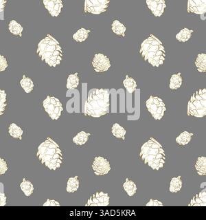 Motivo senza cuciture per Natale e Capodanno con coni in pino dorato. Decorazione natalizia. Schizzo disegnato a mano Illustrazione Vettoriale