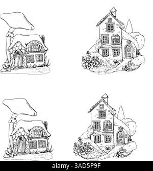 Schizzo di una casa in pietra tra alberi e erba lussureggiante. Illustrazione vettoriale. Disegnato a mano, isolato su sfondo bianco. Un semplice disegno in nero e. Illustrazione Vettoriale