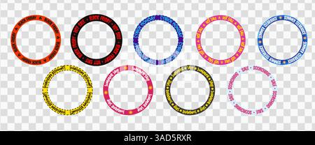 Etichette circolari Black Friday, Summer sale e Cyber Monday per promozioni e sconti su sfondo trasparente. Perfetto per l'e-Commerce e. Illustrazione Vettoriale