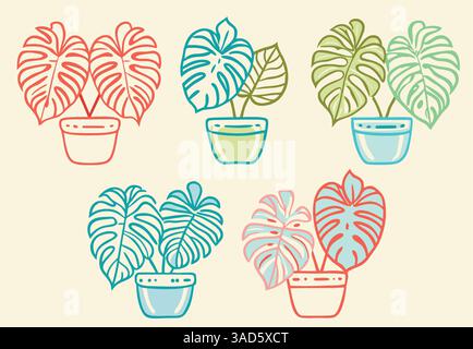 Illustrazione di cinque piante in vaso di Monstera in diversi colori su sfondo beige. Illustrazione Vettoriale