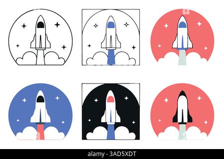 Una raccolta di sei illustrazioni stilizzate di razzi in vari schemi di colori. Ogni razzo è raffigurato che si lancia con nuvole e stelle sullo sfondo, Illustrazione Vettoriale