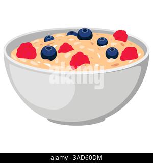 Porridge di farinata d'avena al latte con frutti di bosco, una colazione deliziosa e salutare. Illustrazione vettoriale, perfetta per i concetti nutrizionali e dei pasti mattutini. Illustrazione Vettoriale
