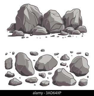 Pietre murali naturali e rocce grigie. Elementi di foreste, montagne e grotte con ciottoli. Illustrazione Vettoriale