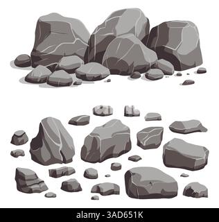 Pietre murali naturali e rocce grigie. Elementi di foreste, montagne e grotte con ciottoli. Illustrazione Vettoriale