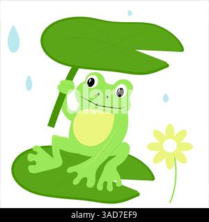 Rana seduta sulla foglia che tiene la foglia sotto la pioggia, design piatto, cartone animato Illustrazione Vettoriale
