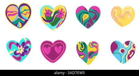 Set di cuori con un vettoriale piatto in stile gotico, colorato con colori brillanti, set per san valentino, stile hippie Illustrazione Vettoriale