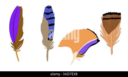 Set di diverse piume, design piatto Illustrazione Vettoriale
