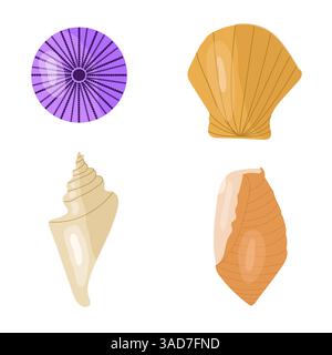 Set di gusci colorati isolati, cartoni animati, design piatto Illustrazione Vettoriale