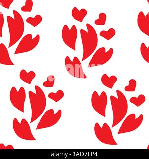 Motivo senza cuciture con cuori rossi, disegni in linea, design piatto. Ideale per avvolgere la carta. Illustrazione Vettoriale