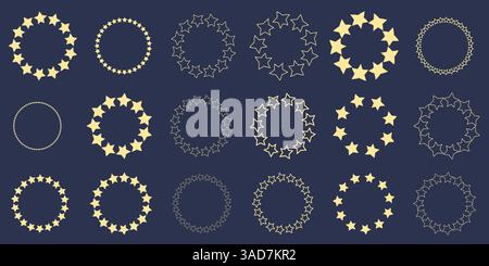 Serie di stelle in cerchio. Forma dorata con diversi siyes Illustrazione Vettoriale
