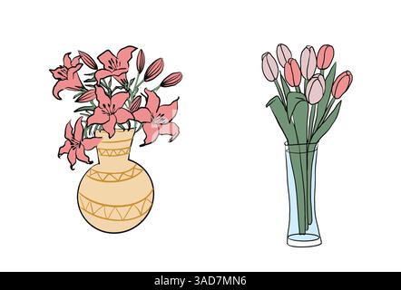 Set di fiori colorati. Tulipani rosa nel vaso, fiori fioriti. Gigli in fiore. Illustrazione Vettoriale