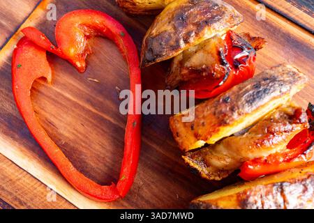 Succulenti spiedini di carne alla griglia sono presentati su una tavola di legno, completati da vivaci strisce di peperone rosso arrosto disposte a forma di cuore, A. Foto Stock