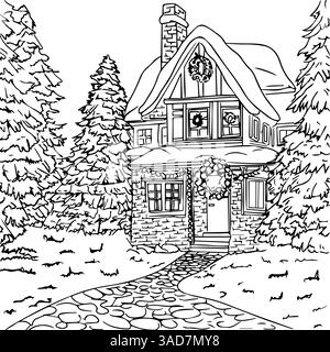 Pagina da colorare paesaggio invernale. Libro da colorare con casa e alberi di legno. Illustrazione Vettoriale