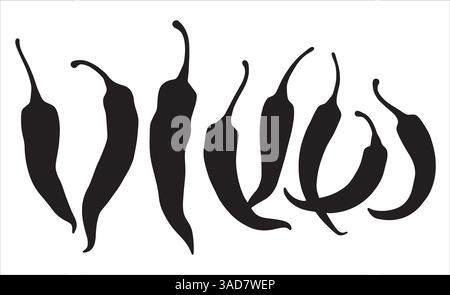 Set di silhouette al peperoncino caldo, isolate. Illustrazione vettoriale perfetta per temi culinari, progetti relativi alle spezie e progetti alimentari. Ideale per la pubblicità Illustrazione Vettoriale