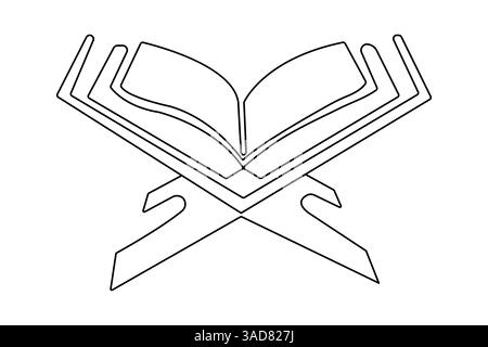 Disegno di una linea del Corano con un'icona vettoriale minimalista con sfondo bianco e nero Illustrazione Vettoriale