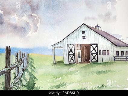 Acquerello, cottage isolato su sfondo bianco. Illustrazione della cabina forestale. Design della casa disegnato a mano. Foto Stock