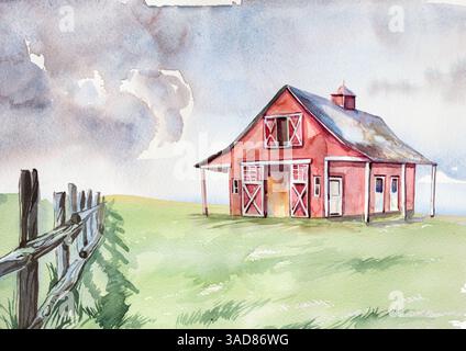 Acquerello, cottage isolato su sfondo bianco. Illustrazione della cabina forestale. Design della casa disegnato a mano. Foto Stock