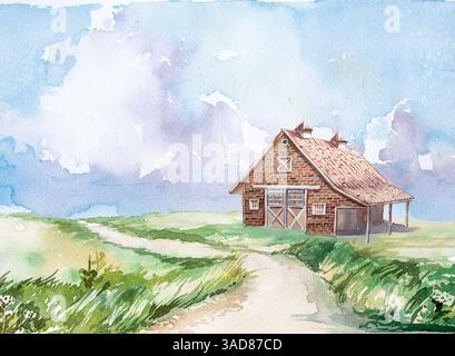 Acquerello, cottage isolato su sfondo bianco. Illustrazione della cabina forestale. Design della casa disegnato a mano. Foto Stock