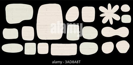 Collage di carta scolastica a strisce beige con fiori ritagliati e adesivi strappati. Fondo ruvido astratto con elementi organici e rottami vintage Illustrazione Vettoriale