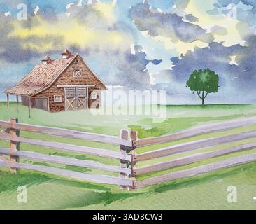 Acquerello, cottage isolato su sfondo bianco. Illustrazione della cabina forestale. Design della casa disegnato a mano. Foto Stock