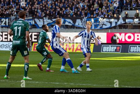 Gothenburg, Svezia. 5 aprile 2025. Momento nel secondo tempo della partita tra IFK Gothenburg e Halmstads BK in Allsvenskan a Gamla Ullevi. Crediti: Per Ljung/Alamy Live News Foto Stock