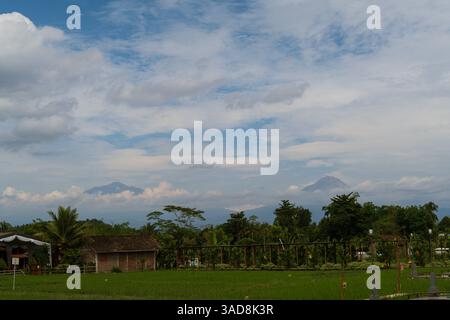 Risaie con nuvole e cielo blu, con due montagne sullo sfondo, un'epica vista agricola Foto Stock