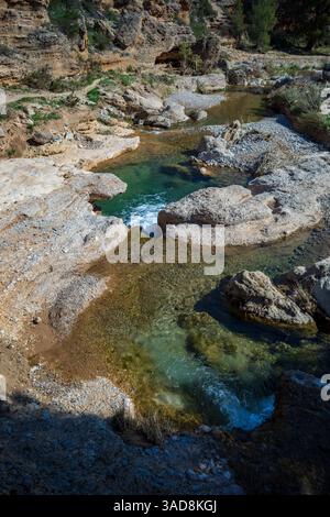 Vista delle piscine verdi smeraldo del fiume Mula a Bullas, regione di Murcia, Spagna, tra grandi rocce Foto Stock
