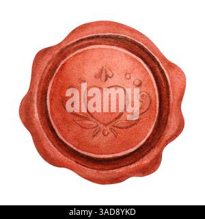 Guarnizione in cera in stile vintage. Illustrazione isolata retrò disegnata a mano in acquerello. Francobollo rotondo rosso ideale per lettere retrò, inviti e romantici Foto Stock
